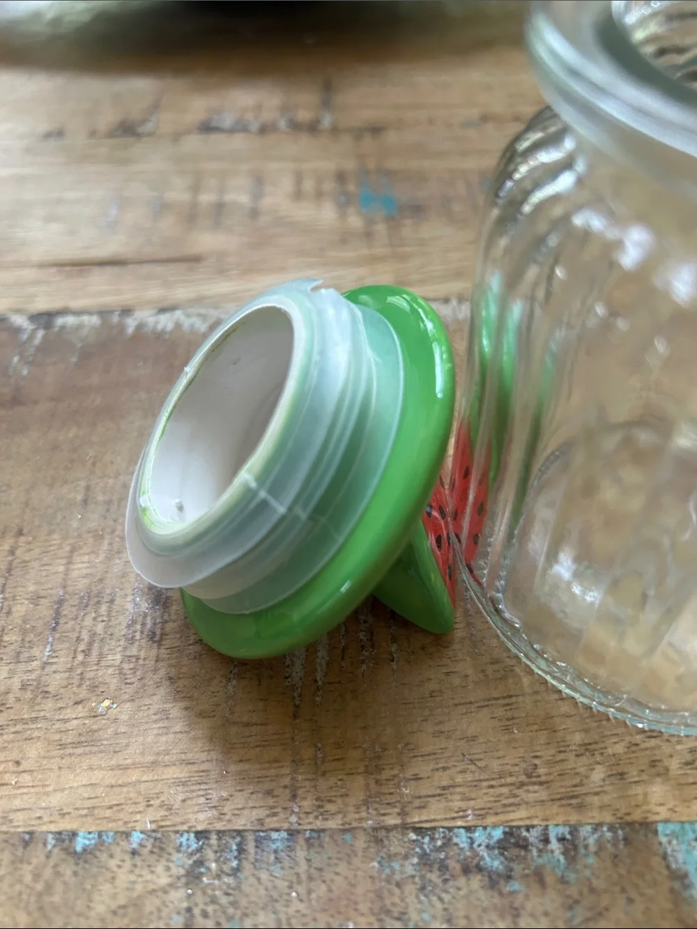 Watermelon-Top Green Lid Glass Spice Jar - Decorative Kitchen NWOT Canister